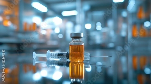 Fototapeta Clear vial of vaccine placed next to syringes in laboratory setting