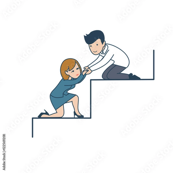 Fototapeta Linear Fla tBusiness teamwork man help woman climb stair vector