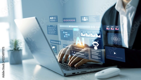 Fototapeta Interaction with the Ai assistant to solve some tasks more easily. Image generator, documents, marketing and advertising, bot writing and coding.Person using laptop with Ai Content Generator.