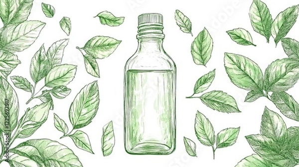 Obraz A hand-drawn illustration featuring a glass bottle surrounded by green leaves, emphasizing a minimalistic and natural aesthetic