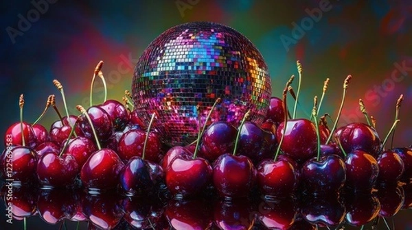 Fototapeta A bold composition of glossy cherries with a large disco ball at the center, reflecting vibrant colors in a dramatic light setting.