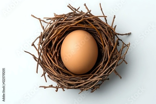 Fototapeta Fresh brown chicken egg in natural twig nest isolated on white background, top view. Minimalist food composition for organic and farm concepts.