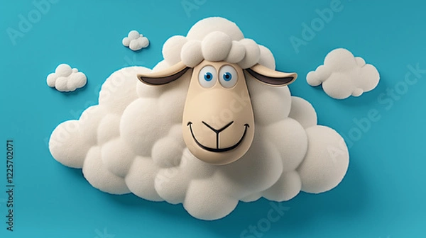 Fototapeta 3D Cloudy sheep on blue background, illustration for kids