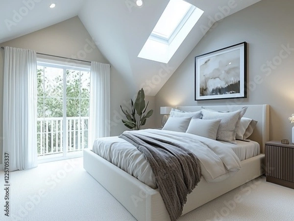 Fototapeta Master bedroom in a new bungalow light grey walls cream-colored carpet white drapes small balcony sloped ceiling with skylights uncluttered bed garden view