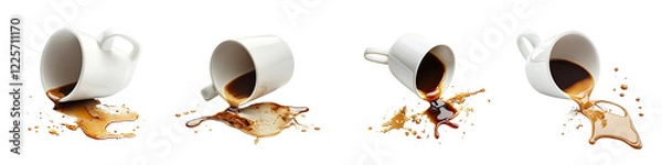 Fototapeta Spilled Cup of Coffee – A coffee cup that has tipped over leaving a dark stain on the surface. Isolated on Clear White Background Highly Detailed 
