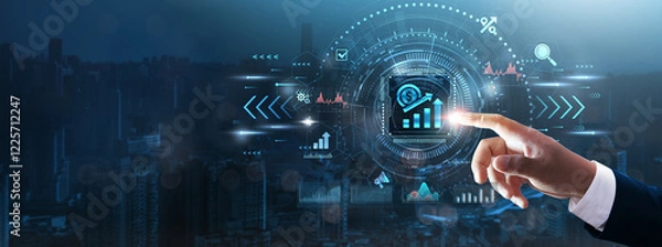 Fototapeta Increase Sales: Businessman’s hand touching futuristic technological interface, sales strategies, customer targeting, revenue growth, and business development technology concept.
