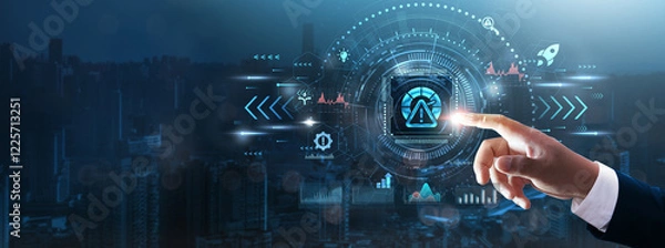 Fototapeta Risk Management: Businessman's hand touching futuristic technological interface, threat analysis, mitigation strategies, compliance monitoring, business continuity, and technology concept.