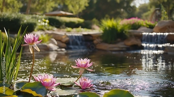Fototapeta A tranquil garden with a small pond, blooming water lilies, and the sound of a gentle breeze