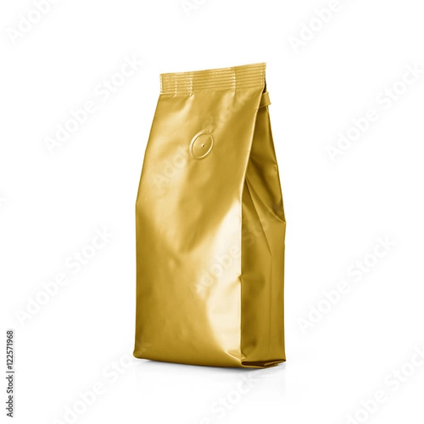 Fototapeta Gold Foil plastic paper bag isolated on white background. Packaging template mockup collection. With clipping Path included. Aluminium coffee package.