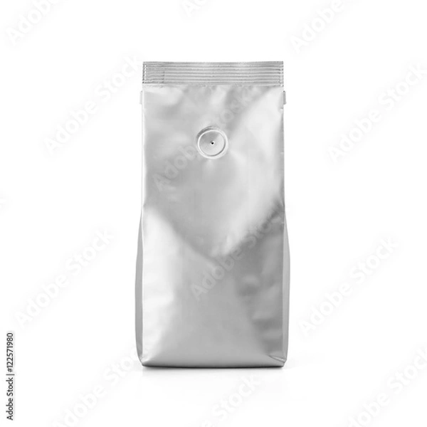 Obraz Foil plastic paper bag front view isolated on white background. Packaging template mockup collection. With clipping Path included. Aluminium coffee package.