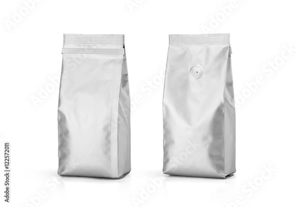 Fototapeta Foil plastic paper bag front and back view isolated on white background. Packaging template mockup collection. With clipping Path included. Aluminium coffee package.