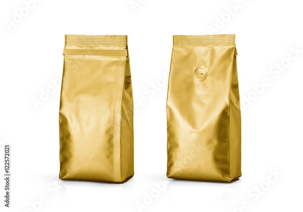 Fototapeta Gold Foil plastic paper bag front and back view isolated on white background. Packaging template mockup collection. With clipping Path included. Aluminium coffee package.