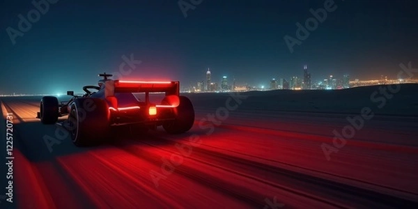 Obraz A sleek race car speeding through a nighttime desert landscape, illuminated by city lights, showcasing speed, technology, and the thrill of motorsport.