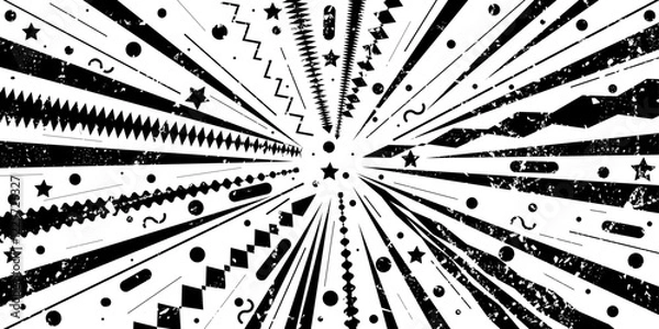 Fototapeta Abstract black and white retro rays. Circus background with faded paper effect and scuffs. Grunge and vintage wallpaper. Vector hand drawn illustration for banners, wallpaper, textile, wrapping	