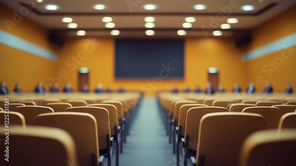 Fototapeta Empty blurred conference hall with rows of chairs and stage, professional corporate event space concept for business meetings, seminars, educational lectures, and formal presentations