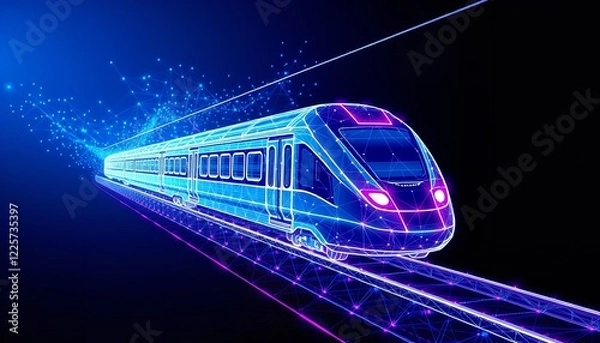 Obraz Futuristic High Speed Train Digital Art Abstract Network Lines Technology Modern Railway Transportation Electric Travel Journey Speed Innovation Blue 