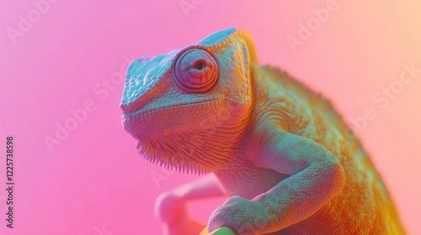 Fototapeta A vibrant close-up of a colorful chameleon against a pastel background. Concept of adaptability, nature, and striking visual contrast.