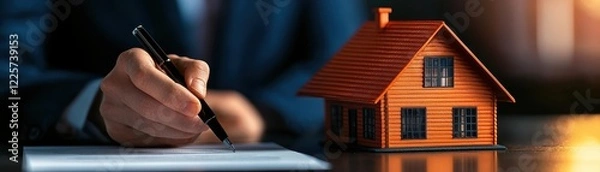 Fototapeta A hand writing on paper next to a small wooden house model, symbolizing real estate transactions or home ownership.