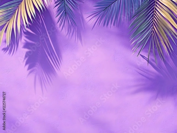 Fototapeta Purple Wall Background with Palm Leaves and Shadows
