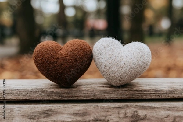 Fototapeta Warm and cozy autumn scene featuring two fuzzy heart-shaped objects, one brown and one light gray, placed side by side on a wooden bench in a park with fall foliage in the background
