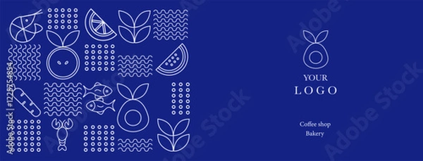 Fototapeta  Hand drawn illustration. Organic fruit, vegetable, fish, seafood, coffee and bakery geometric pattern. Abstract geometric line background. Gold luxury  Healthy Food pattern. Web banner.