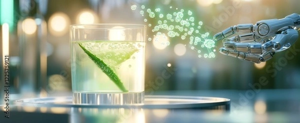 Fototapeta Futuristic aloe vera beverage with robotics in modern setting for innovation and wellness