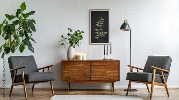 Fototapeta Set of design furniture with armchairs wooden commode home decor floor standing light lamp vase with plants mockup poster candles in vintage candlesticks Scandinavian interior in living room