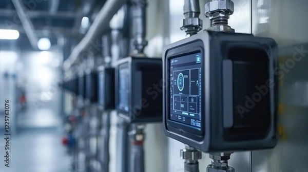 Obraz Advanced gas leak detection sensors with digital displays are installed in a natural gas facility, showcasing industrial safety and modern monitoring technology