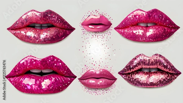 Fototapeta  Vibrant glittery pink lips, element set on transparent background, high resolution