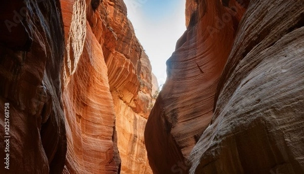 Fototapeta 좁은 협곡 틈새로 낮 태양빛이 수직으로 비춰 황금빛 기둥을 형성