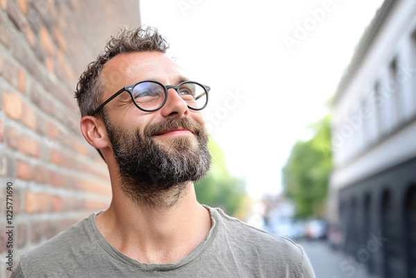 Fototapeta Man Smiling Brightly in an Urban Setting