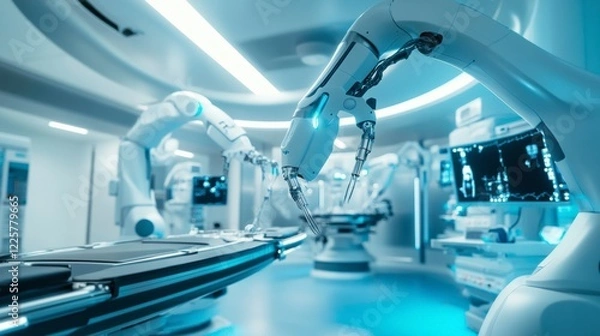 Fototapeta A high-tech medical bay inside a spaceship, with robotic arms performing delicate procedures