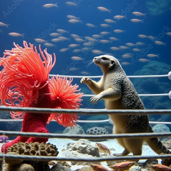 Fototapeta the mongoose stands in a ring under water and attacks the coral