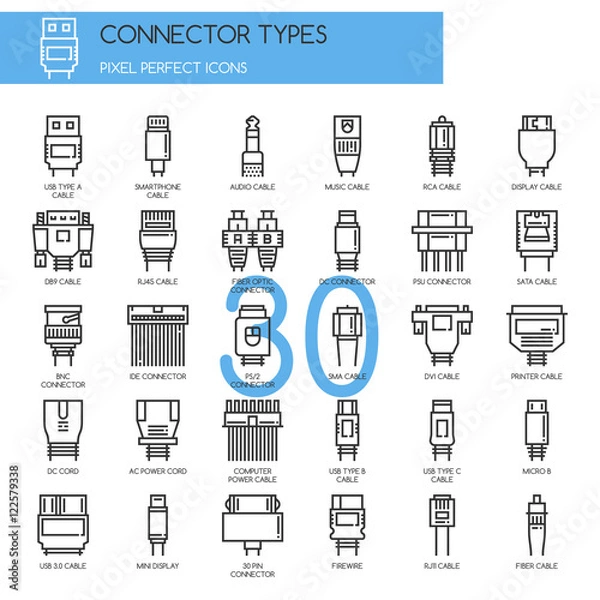 Fototapeta Connector Types , Thin Line and Pixel Perfect Icons