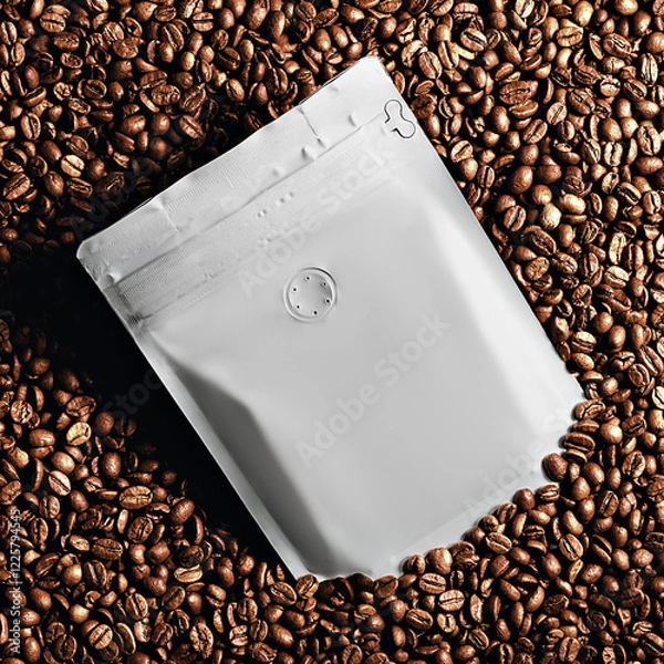 Fototapeta Modern, minimal white coffee pouch with valve on coffee beans. Clean package concept for fresh aroma, brand identity, and shelf appeal.