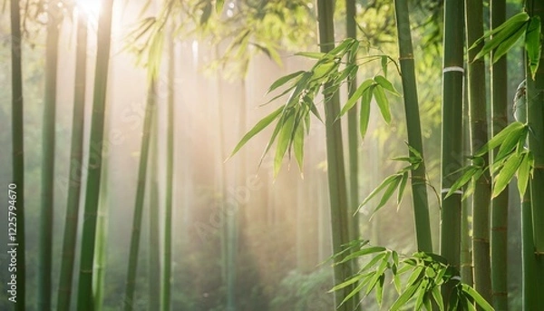 Fototapeta 아침 안개에 둘러싸인 대나무 숲