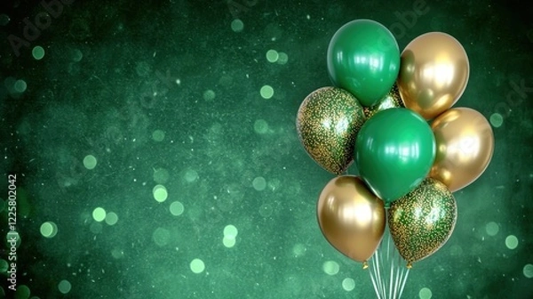 Fototapeta Green and gold balloons on sparkling green background