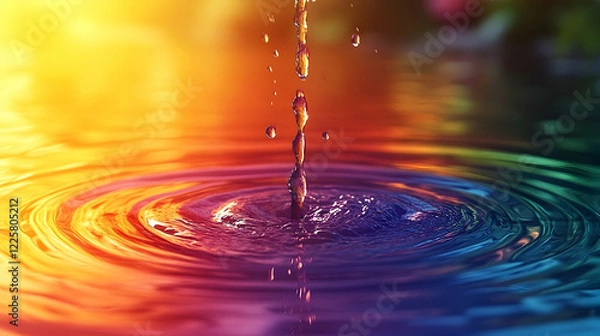 Obraz Colorful water drop impact, vibrant ripples, sunlit background, nature photography