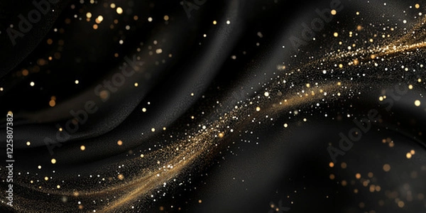 Fototapeta Glittering gold particles on black flowing fabric background
