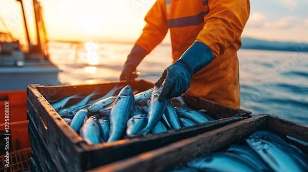Fototapeta Fisherman Handling Fresh Catch at Sunset