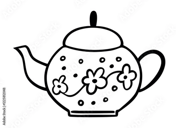 Fototapeta Hand drawn outline teapot with snowflakes isolated on white background. Vector illustration. Perfect for print, web, menu and infographics.