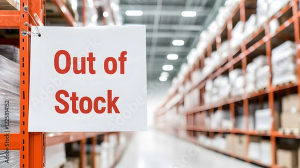 Fototapeta Out of Stock Sign on White Paper Board in Blurry Supermarket Background – Retail Supply Shortage, Shopping Availability, Product Demand, and Empty Shelf Notification Concept