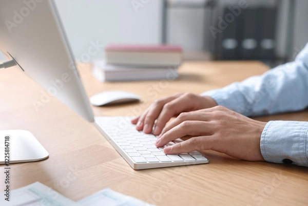Fototapeta Man working on computer at wooden desk in office, closeup