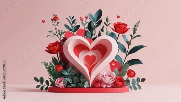 Fototapeta Paper heart art with red roses and lush greenery against a pink background