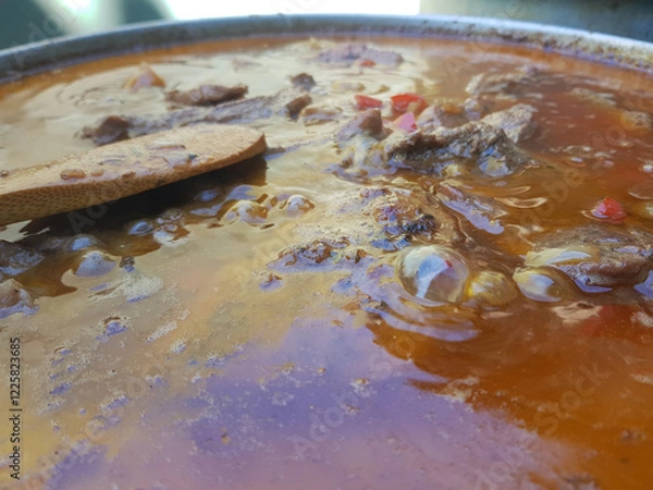 Obraz Close-up of bubbling beef stew with wooden spoon
