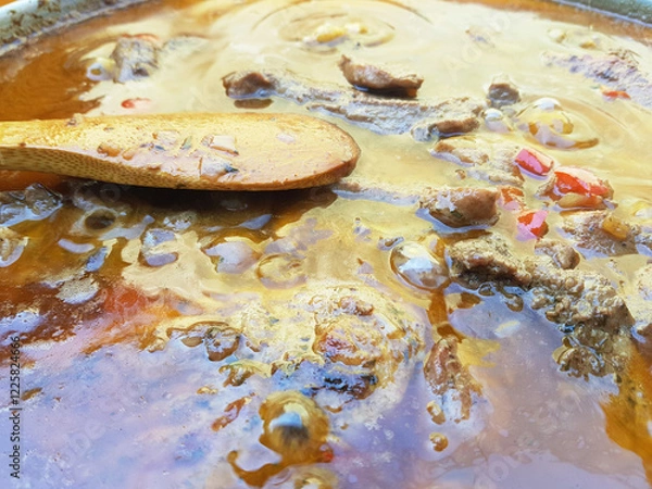 Obraz Close-up of bubbling beef stew with wooden spoon