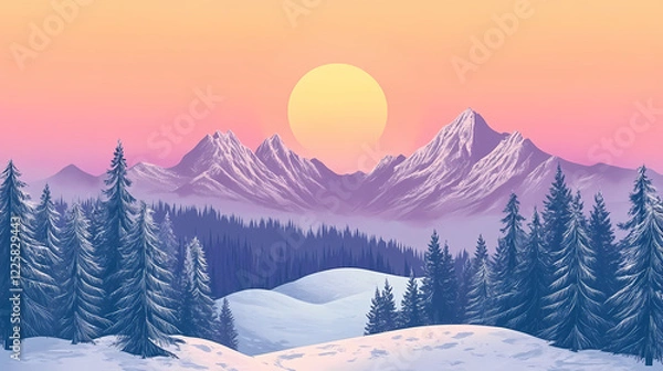 Fototapeta Snowy mountain range sunset with frosted trees. Frosted Ridge. Illustration