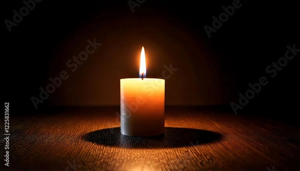 Fototapeta A single, lit candle casts a warm glow on a dark wooden surface.  The minimalist composition creates a serene and contemplative mood, perfect for themes of hope, remembrance, or tranquility.