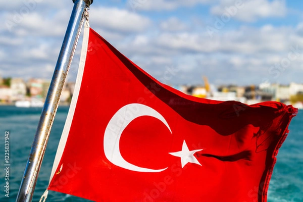 Fototapeta  Turkish flag waving proudly on a boat, Istanbul skyline in the background. Beautiful sunny day on the Bosphorus Strait. Perfect for travel, tourism, and cultural imagery.