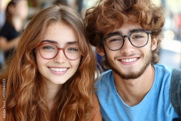 Obraz man and a woman wearing glasses look into the frame and smile. a happy relationship or friendship.